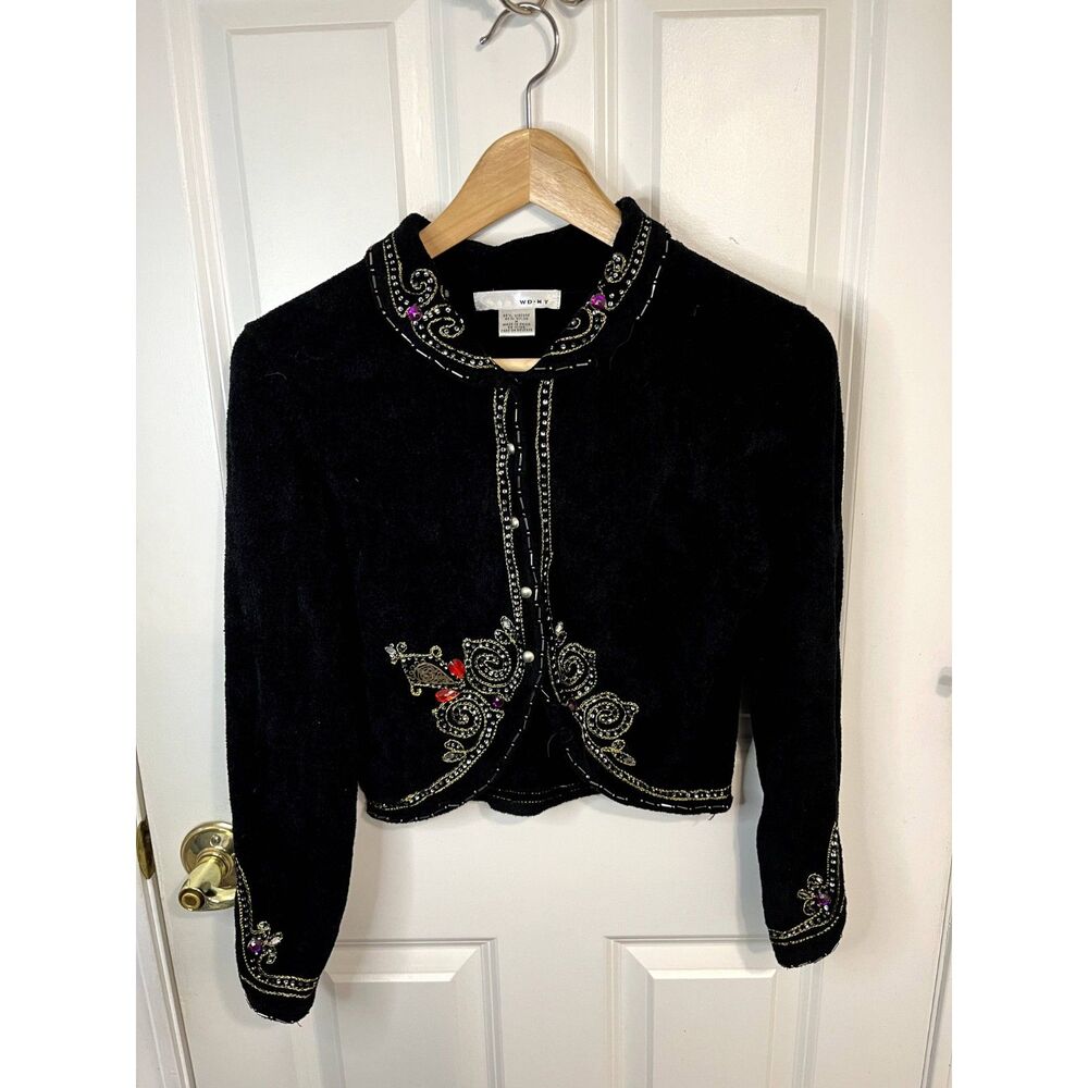 WD.NY Black Embellished Plush Button Down Cropped Sweater Size Medium